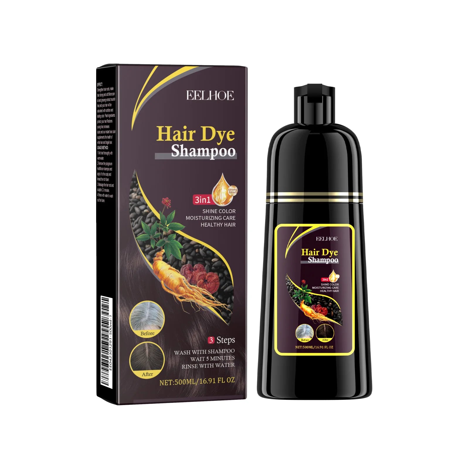 Black Hair Dye Shampoo Covers Gray Hair Treatment Natural Organic Polygonum Professional Magic Hair Color Shampoo 500Ml