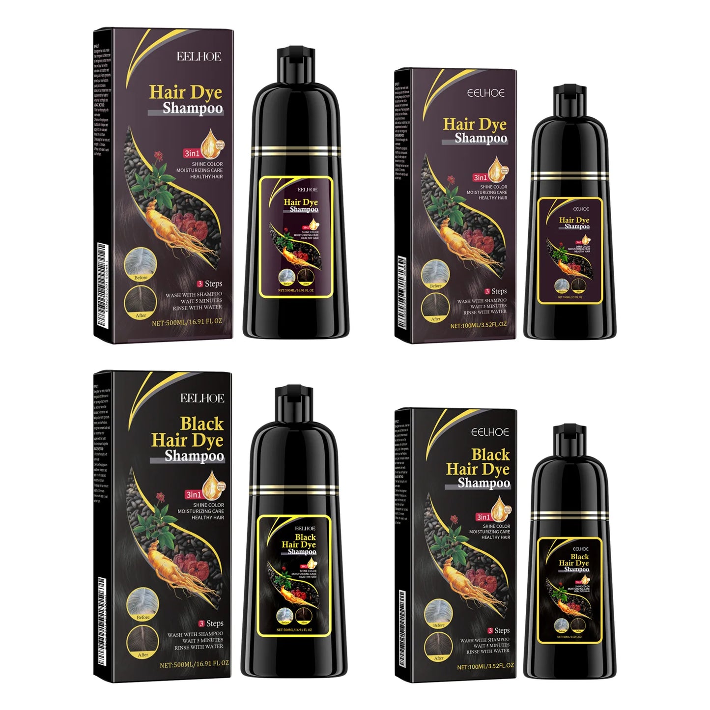 Black Hair Dye Shampoo Covers Gray Hair Treatment Natural Organic Polygonum Professional Magic Hair Color Shampoo 500Ml
