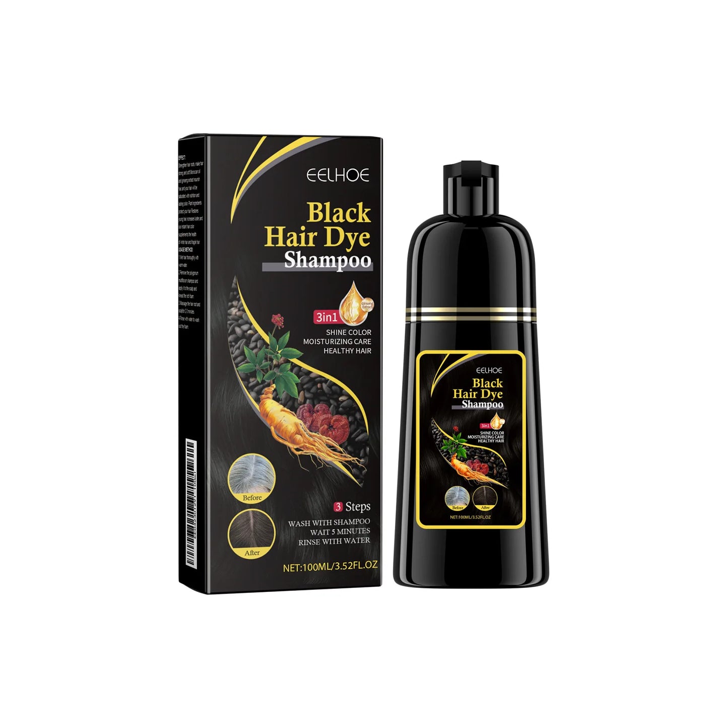 Black Hair Dye Shampoo Covers Gray Hair Treatment Natural Organic Polygonum Professional Magic Hair Color Shampoo 500Ml