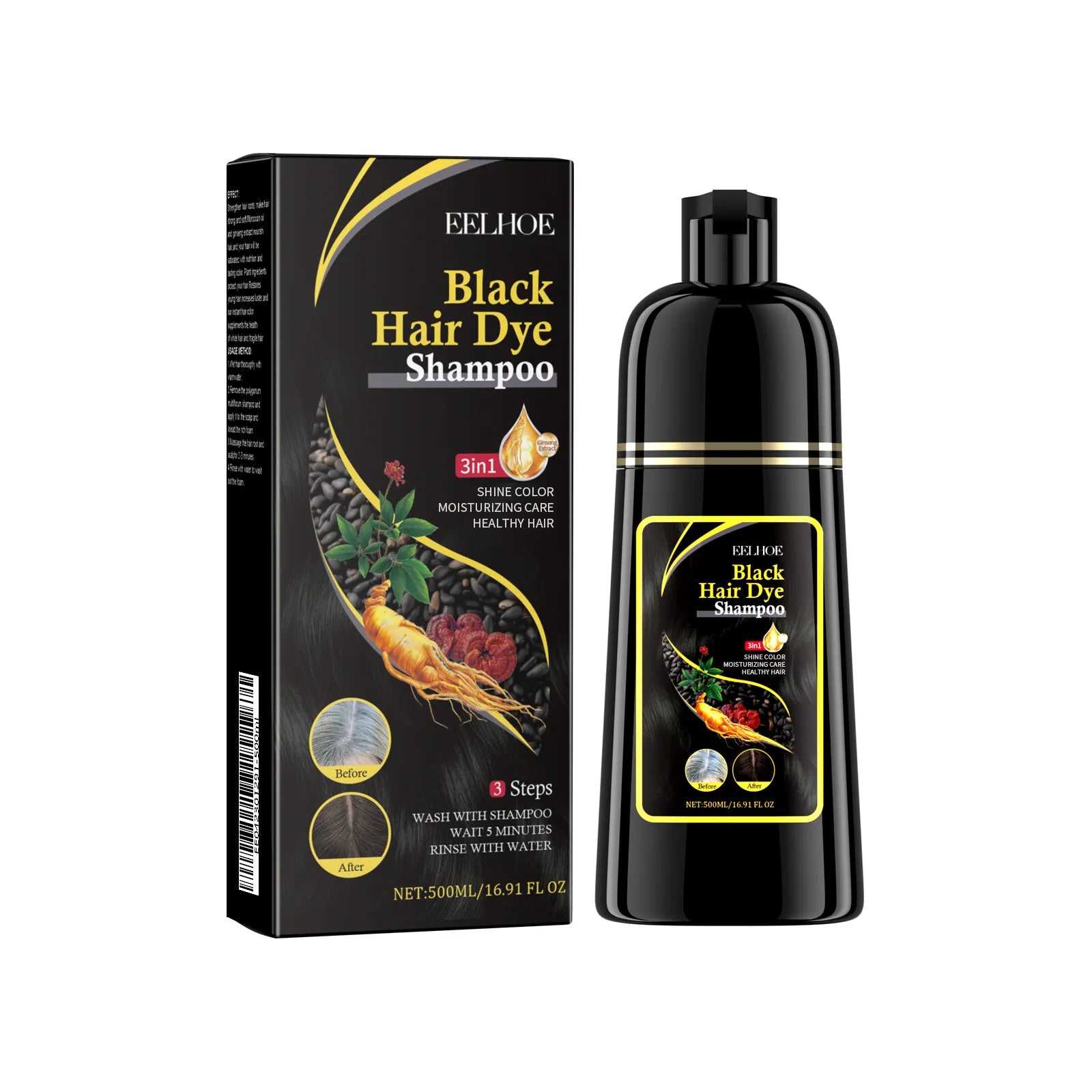 Black Hair Dye Shampoo Covers Gray Hair Treatment Natural Organic Polygonum Professional Magic Hair Color Shampoo 500Ml